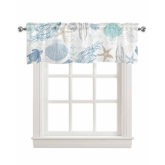 Coastal Blue Linen Curtain Valance for Bedroom/Bathroom/Kitchen/Living/Dining Room Window,Nautical Turtle Shell Starfish Anchor Coral Pocket Topper Drapes Decorative Cafe Drapery Panel 42"x12"