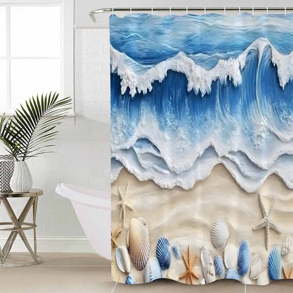 Coastal Blue Long Shower Curtain Set, Waterproof Shower Curtains for Bathroom, Starfish Beach Ocean Shell Sand Painting Washable Fabric Cloth Bath Curtain for Bathtub with Hooks 72x84 Inches