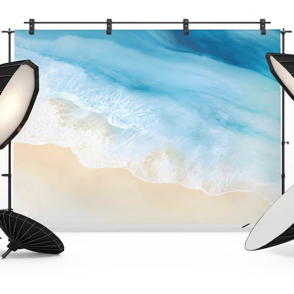 Coastal Blue Ocean Water Backdrops for Photography, Sandy Beach Summer Modern Nautical Fabric Photo Background Sturdy Studio Props for Photo Studio, Video Recording, Booth & Photoshoot 7x5ft
