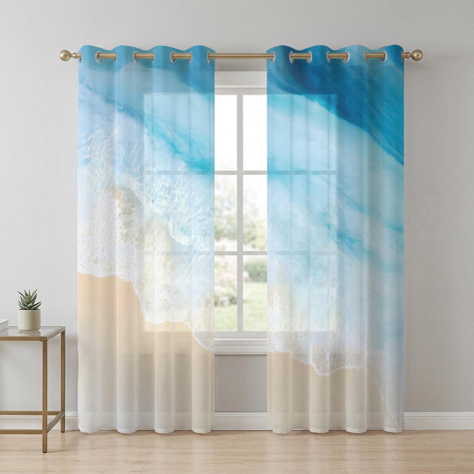 Coastal Blue Ocean Water Sheer Curtains 63 Inch Long 2 Panels, Sandy ...