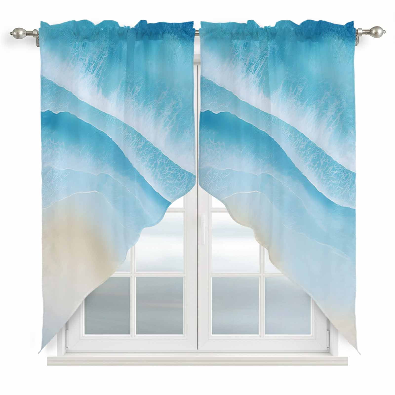 Coastal Blue Ocean Water Swag Valances for Windows 2 Pack Sandy Beach ...