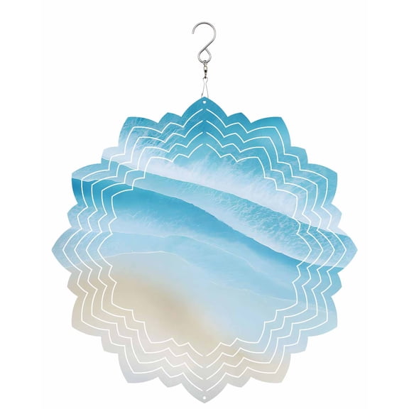 Coastal Blue Ocean Water Wind Spinner for Garden Yard 8In, Sandy Beach Summer Modern Gradient 3D Stainless Steel Kinetic Hanging Wind Spinners Rustproof Outdoor Decor for Lawn Patio Home