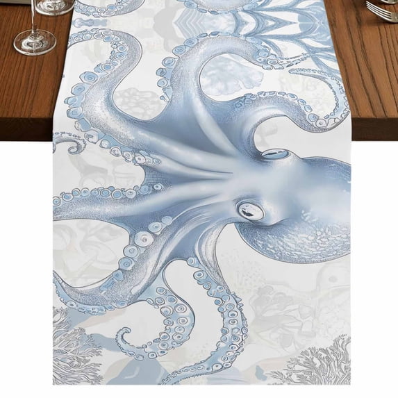 Coastal Blue Octopus 60 Inch Table Runner, Vintage Summer Ocean Coral Farmhouse Dresser Scarf Cotton & Linen Tablerunner for Dining/Kitchen Island/Holiday Party Décor 13" x 60"