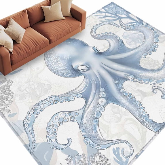 Coastal Blue Octopus Area Rug 6x9ft Vintage Summer Ocean Coral Watercolor Non-Slip Washable Square Rugs Soft Felt Indoor Floor Mat for Bedroom Kitchen Living Room Bathroom
