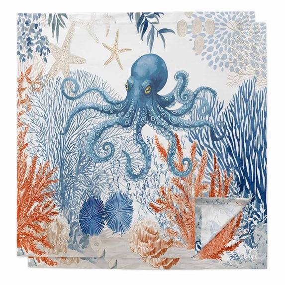Coastal Blue Octopus Cloth Napkins, Summer Nautical Marine Life Leaves Washable and Reusable Dinner Napkins Set of 2, Table Napkin for Kitchen Party Birthday Wedding Hotel Housewarming 20"x20"