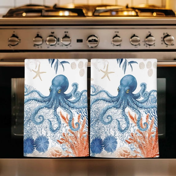 Coastal Blue Octopus Kitchen Towels Set of 4, Summer Nautical Marine Life Leaves Absorbent Dish Towels for Kitchen, Microfiber Hand Towel, Quick Drying Tea Towel for Cleaning Decorative Dishcloths
