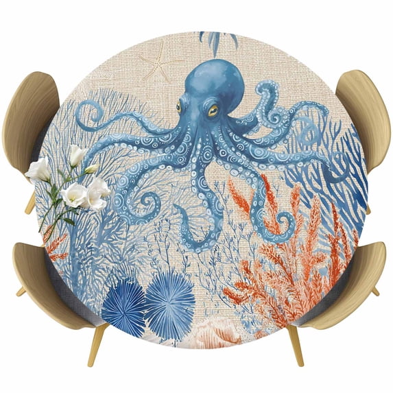Coastal Blue Octopus Round Tablecloth 55-60 Inch Round Fitted Table Cloth with Elastic Edge, Retro Nautical Coral Starfish Leaves Waterproof Table Cover Protector for Outdoor Picnic Party Dining