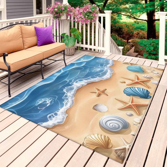 Coastal Blue Outdoor Rug 5x7 Ft, Non Slip Washable Area Rug, Cartoon Ocean Starfish Shell Sand Beach Patio Rugs Carpet Runner, Large Floor Mat for Indoor/Outdoor Deck Porch Camping