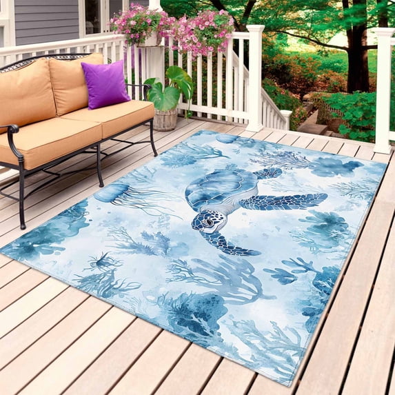 Coastal Blue Outdoor Rug for Patio/Deck/Porch, Non-Slip Large Area Rug 3 x 5 Ft, Beach Jellyfish Coral Sea Turtle Indoor Outdoor Rugs Washable Area Rugs, Reversible Camping Rug Carpet Runner