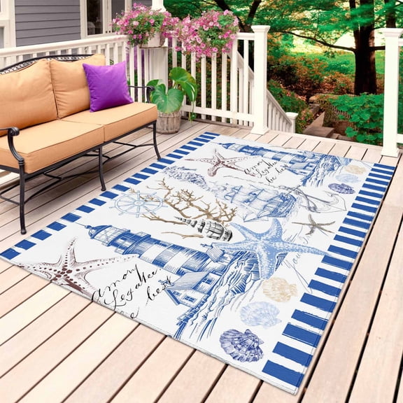 Coastal Blue Outdoor Rug for Patio/Deck/Porch, Non-Slip Large Area Rug 6 x 9 Ft, Ocean Nautical Lighthouse Starfish Anchor Indoor Outdoor Rugs Washable Area Rugs, Reversible Camping Rug Carpet Runner