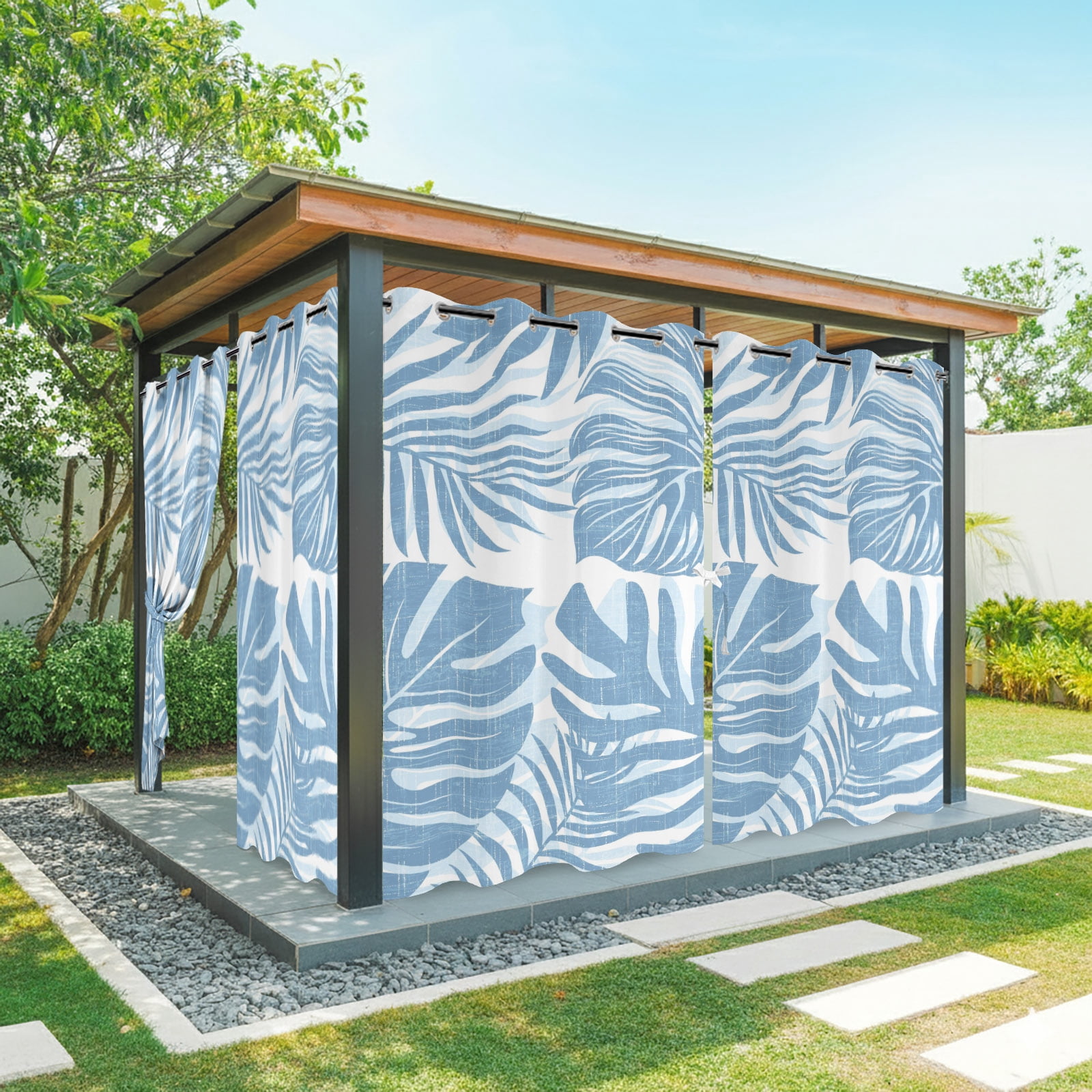 Coastal Blue Palm Leaves Outdoor Curtains for Patio, Tropical Botanical Minimalist Modern Sunshade Privacy Drapes Grommet Waterproof Outside Curtains for Porch/Cabana/Balcony 54"x 108", 1 Panel