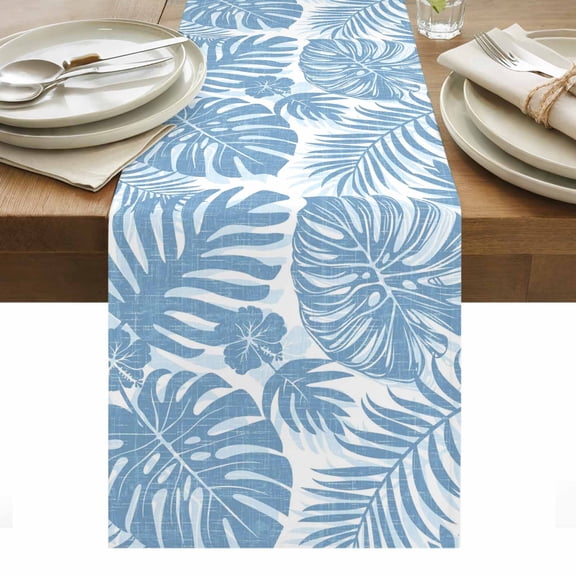 Coastal Blue Palm Leaves Table Runner, Tropical Botanical Minimalist Modern Washable Kitchen Table Runners Dress Scarves for Dining Table Decorations Party/Restaurant/Indoor Outdoor Use, 13x48in
