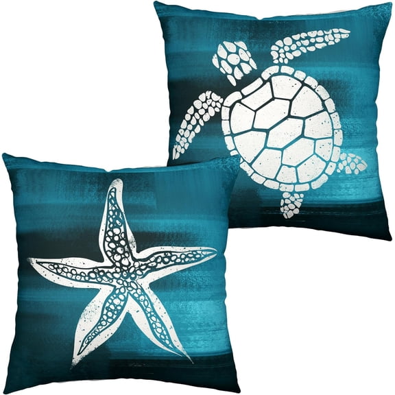 Coastal Blue Pillows Covers Sea Turtle Outdoor Pillows Nautical Theme Starfish Throw Pillow Covers 20x20 Teal Linen Square Cushion Case for Sofa Couch Car 2 PCS