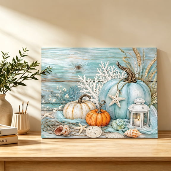 Coastal Blue Pumpkin Canvas Wall Art, Fall Coral Starfish Shabby Chic Wood Grain Wall Art Prints Artwork Framed Canvas Ready to Hang Art Pictures for Dining Room Bedroom Study Lounge Nook 18" x 12"