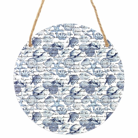 Coastal Blue Round Front Door Welcome Sign, 7.8 Inch Wall Hanging Decor for Indoor Outdoor, Ocean Starfish Retro Conch Summer Shell Home Porch Hanger Decorations for Holiday Gift