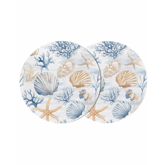 Coastal Blue Round Placemats Set of 2 for Dinning Tables,Heat-proof Braided Table Mats 13 Inch,Coral Starfish Seashells Beach Summer Washable Place Mat for Kitchen Restaurant Party Table Decor