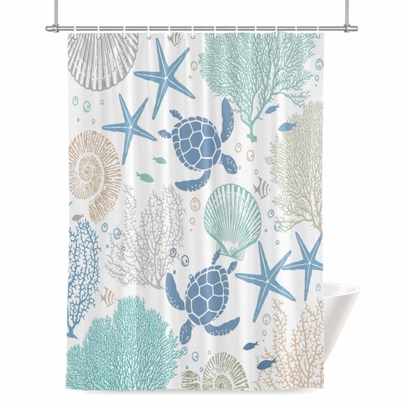 Coastal Blue Sea Turtle Shower Curtains for Bathroom, Starfish Shell Coral Nautical Ocean Waterproof Fabric Shower Curtain for Bathroom Bathtub Decoration, Machine Washable 36"x72"