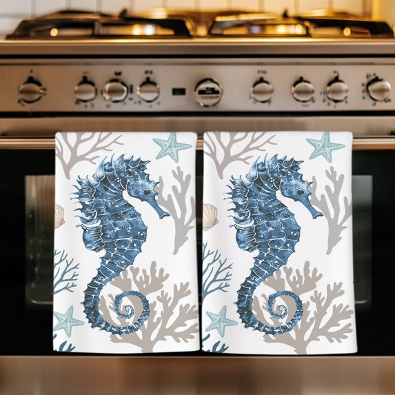 Coastal Blue Seahorse Kitchen Towels Set of 2, Summer Ocean Coral Beach Starfish Absorbent Dish Towels for Kitchen, Microfiber Hand Towel, Quick Drying Tea Towel for Cleaning Decorative Dishcloths
