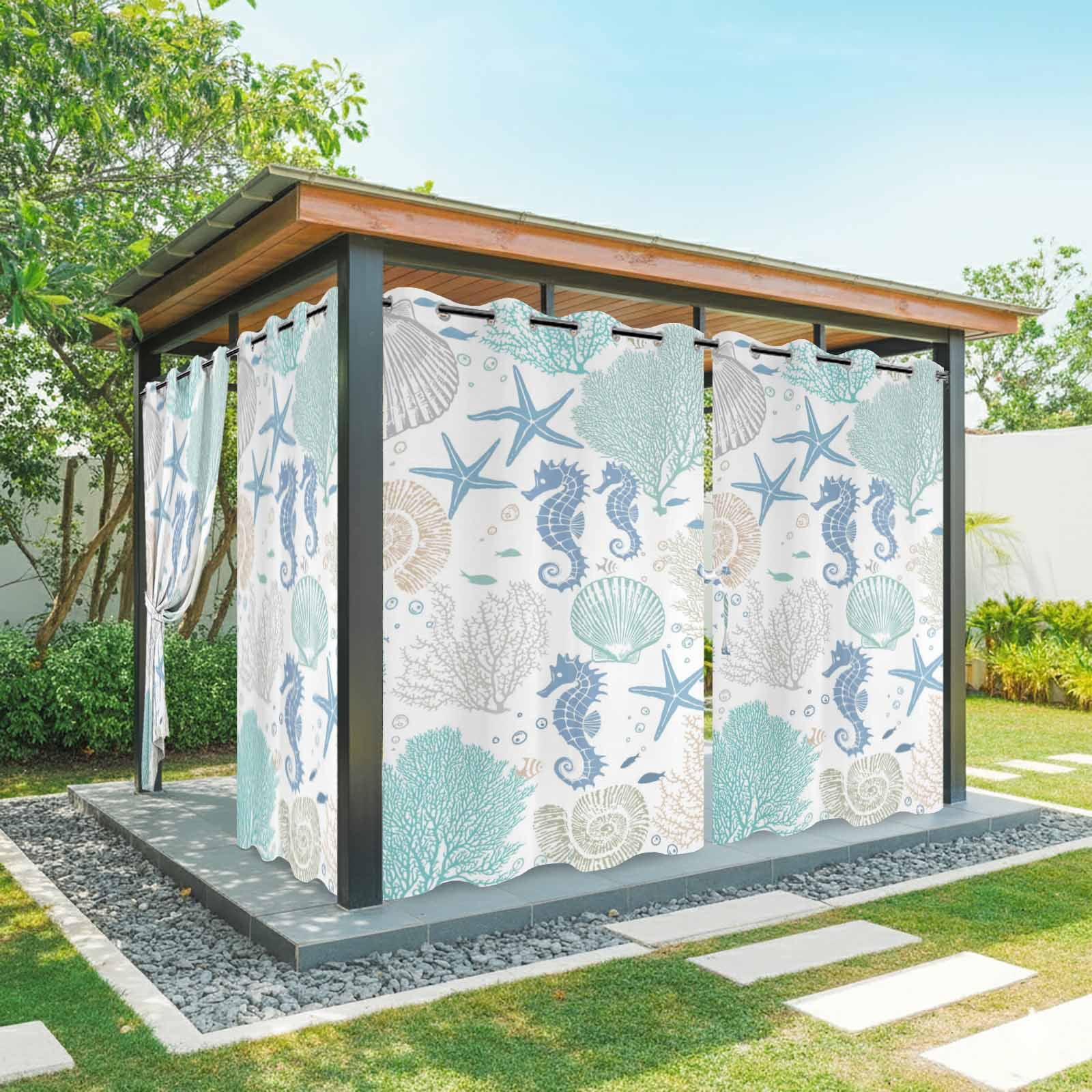 Coastal Blue Seahorse Outdoor Curtains for Patio, Summer Starfish Shell Coral Nautical Ocean Sunshade Privacy Drapes Grommet Waterproof Outside Curtains for Porch/Cabana/Balcony 54"x 108", 1 Panel