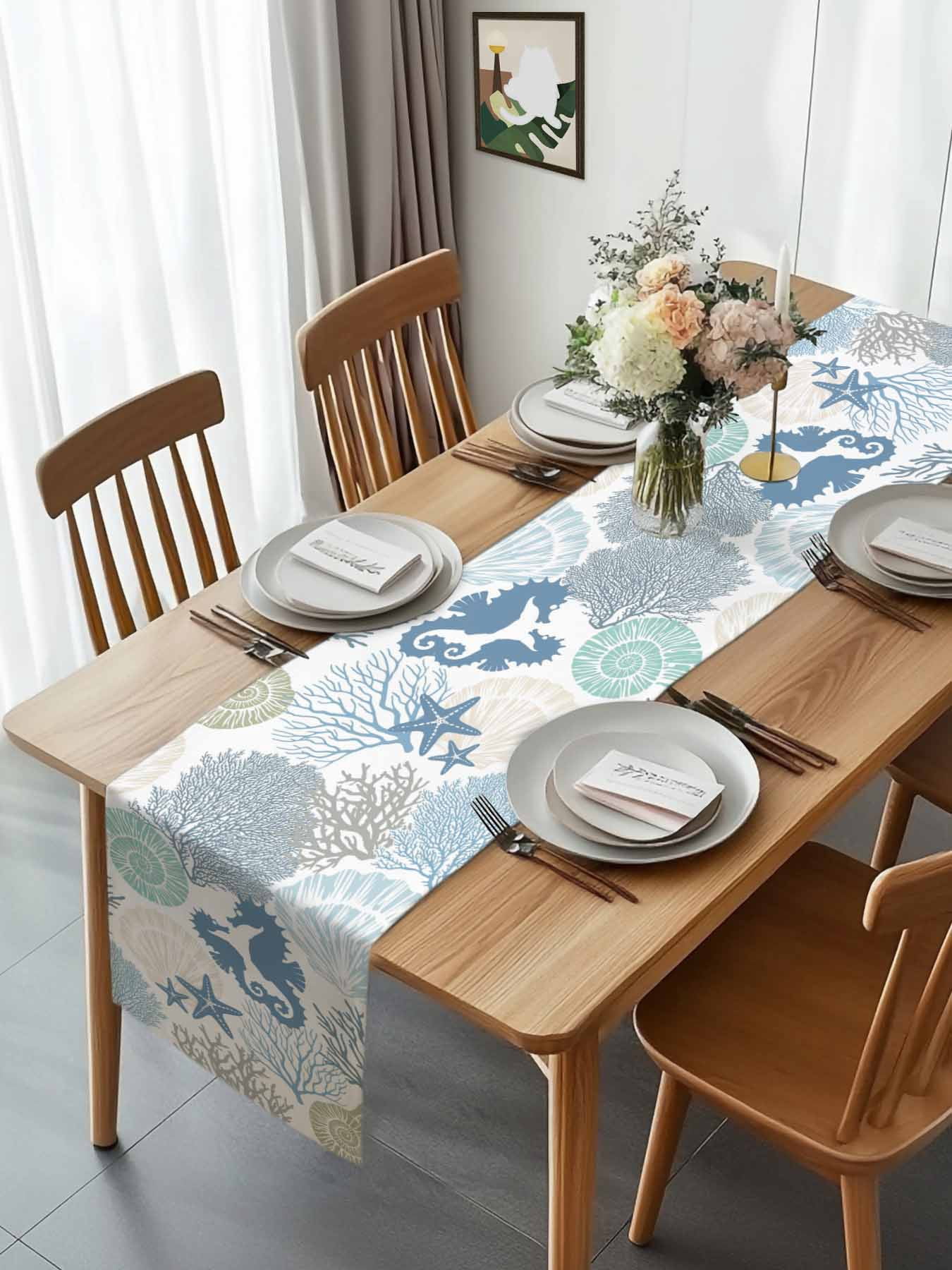 Coastal Blue Seahorse Starfish Table Runner 90 Inches Long,Kitchen ...