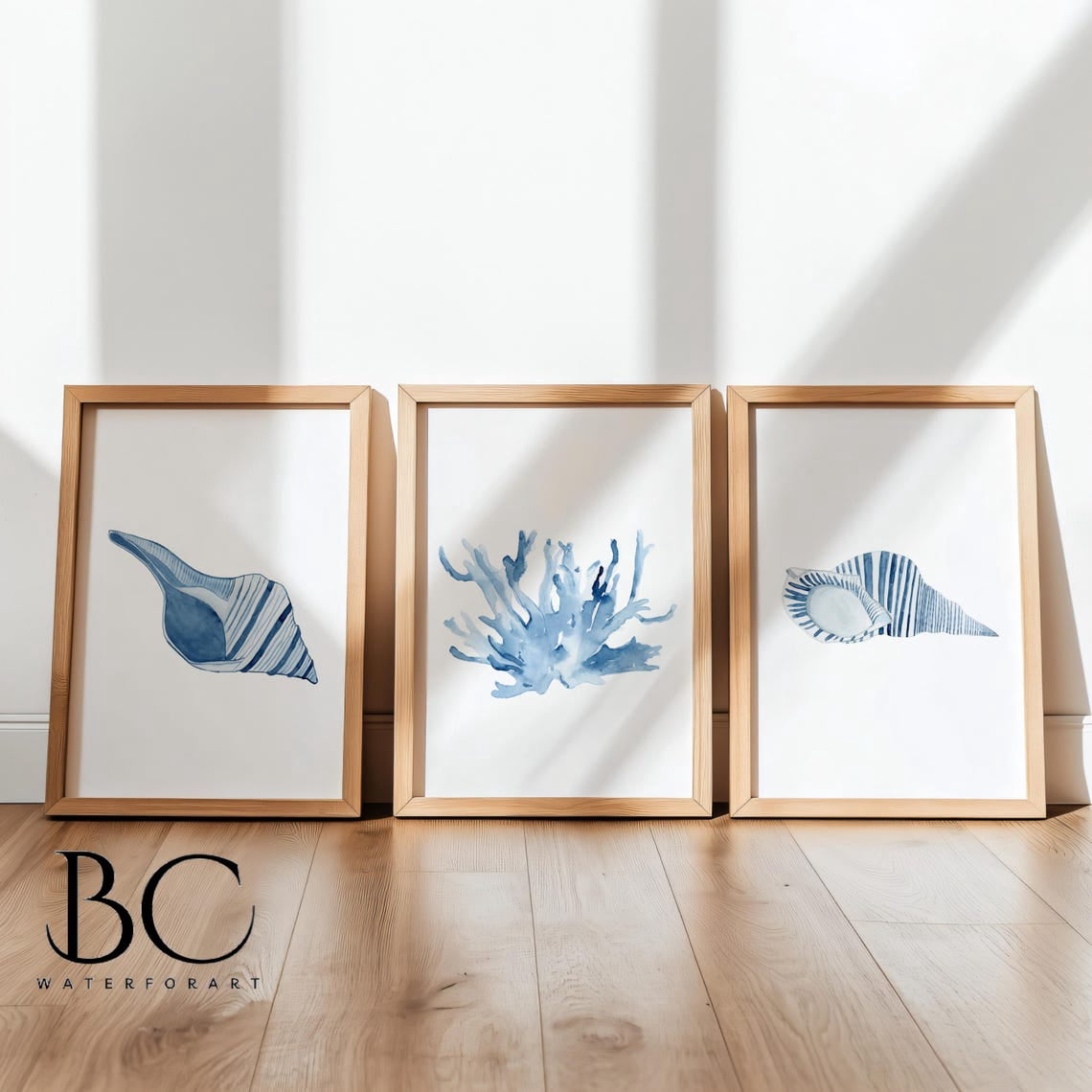 Coastal Blue Seashell Coral Art Beach Bathroom Nursery Wall Decor Set 3 ...