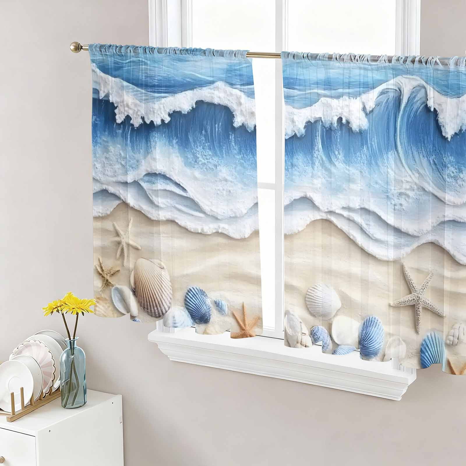 Coastal Blue Semi Sheer Curtains 45 Inch Length 2 Panels Set, Starfish ...