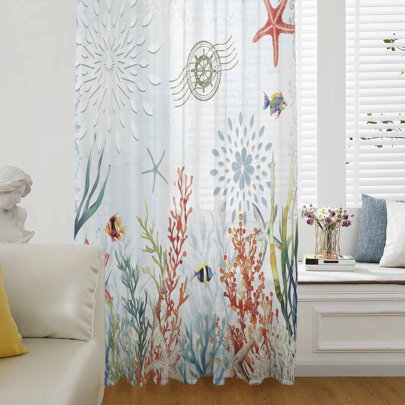 Coastal Blue Semi Sheer Curtains Drapes for Living Room,Bedroom,French ...