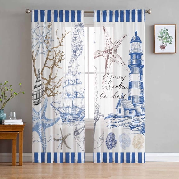 Coastal Blue Sheer Curtains 63 Inches Length 2 Panels Set, Window Sheer Curtains for Living Room/Bedroom, Ocean Nautical Lighthouse Starfish Anchor Light Filtering Rod Pocket Curtain 52'' x 63'' x 2