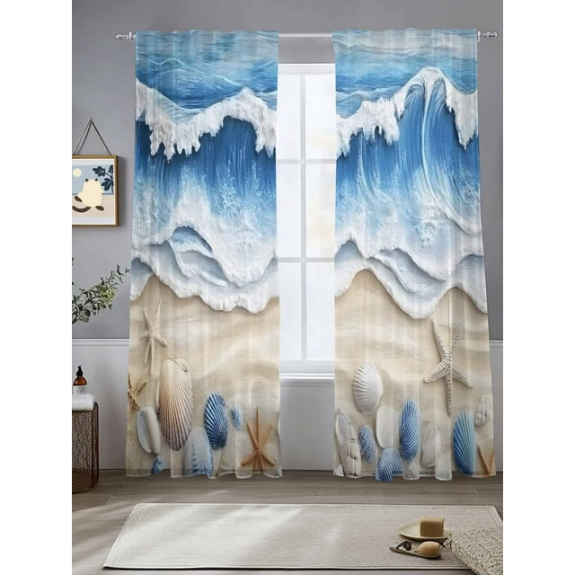 Coastal Blue Sheer Curtains for Living Room Bedroom Starfish Beach