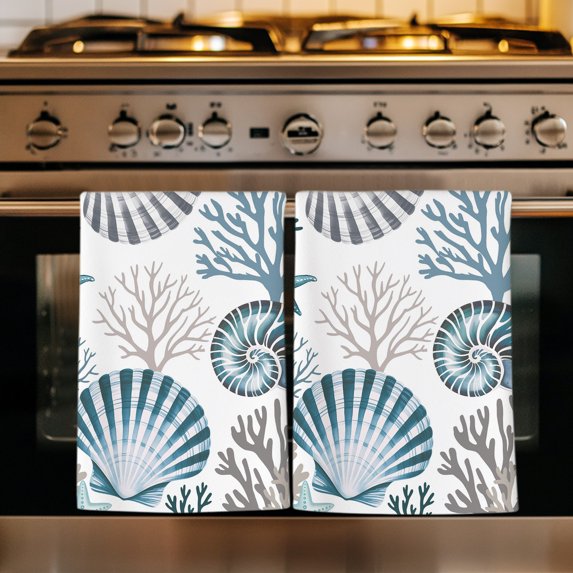 Coastal Blue Shells Kitchen Towels Set of 3, Summer Ocean Coral Onch Beach Starfish Absorbent Dish Towels for Kitchen, Microfiber Hand Towel, Quick Drying Tea Towel for Cleaning Decorative Dishcloths