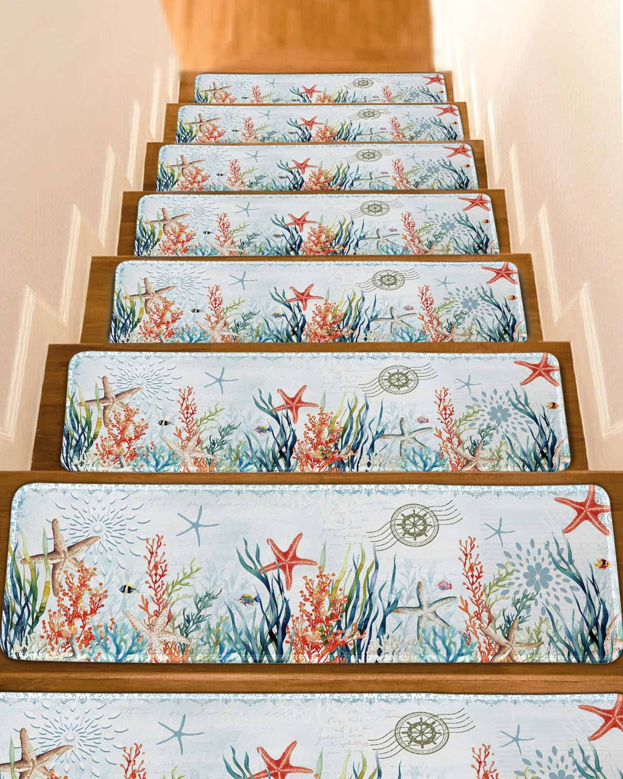 Coastal Blue Stair Treads for Wooden Steps Indoor Runner Rug Carpet ...