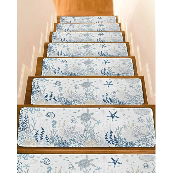 Coastal Blue Stair Treads for Wooden Steps Indoor Runner Rug Carpet, Ocean Turtle Coral Starfish Jellyfish 4 Pieces Peel and Stick Staircase Step Treads Covers Washable Throw Door Mats, 30"x8"