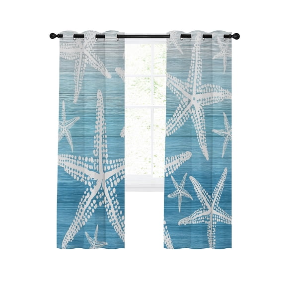 Coastal Blue Starfish Blackout Curtains for Bedroom Living Room, Nautical Ocean Summer Minimalist Gradient 39 In Long Thermal Insulated Room Darkening Drapes Grommet Window Treatments, 27.5 x 39 In