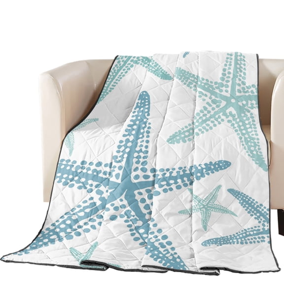 Coastal Blue Starfish Quilted Comforters Cooling Blanket Queen Size, Nautical Minimalist Ocean Sea Summer Cold Comfort for Hot Sleepers Lightweight Air Conditioning Quilt Blanket for Bed