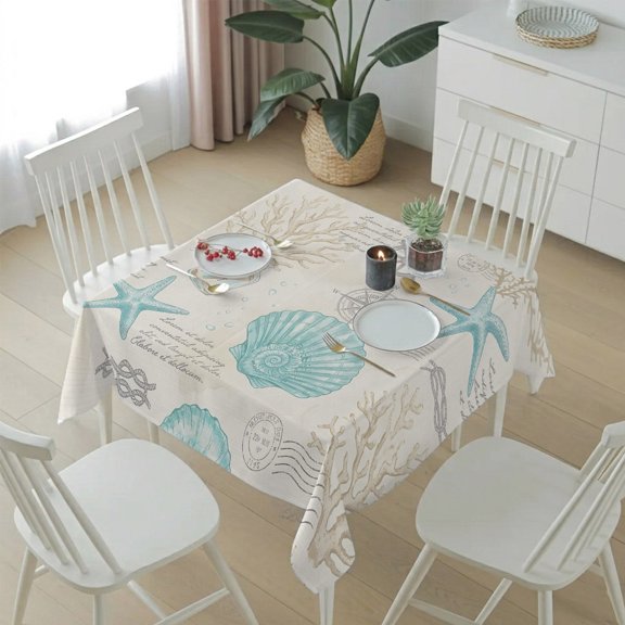 Coastal Blue Starfish Seashells Table Cloth 54x54in, Waterproof Square Tablecloth Wipeable Tablecloths Retro Letter Background Table Covers for Dining Tables Party Indoor Outdoor