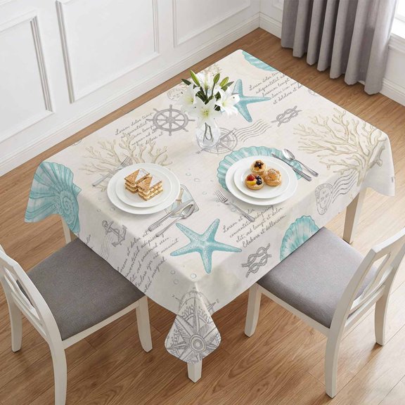 Coastal Blue Starfish Seashells Table Cloth 60x84in, Waterproof Rectangle Tablecloth Wipeable Tablecloths Retro Letter Background Table Covers for Dining Tables Party Indoor Outdoor