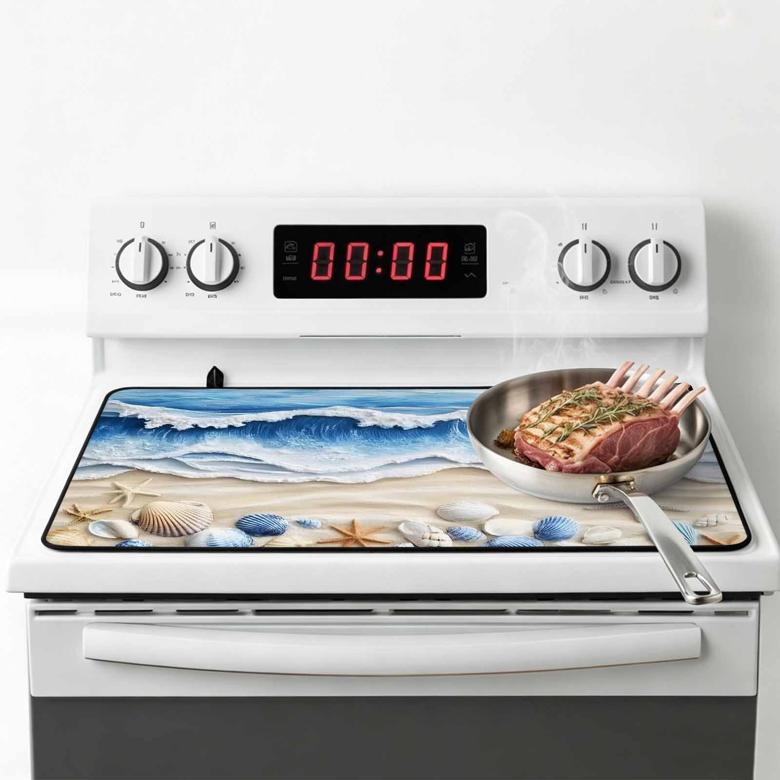 Coastal Blue Stove Top Cover for Electric Stove, Heat-proof & Non Slip Glass Top Stove Cover Protector, Starfish Beach Ocean Shell Sand Painting Kitchen Flat Cooktop Rubber Mat 24x21 Inches