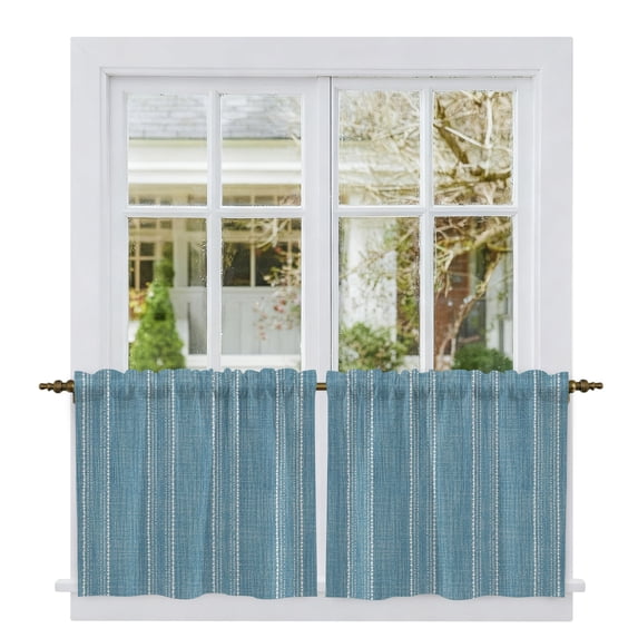Coastal Blue Stripe Tier Curtains 24 Inch Length, Farmhouse Vintage ...