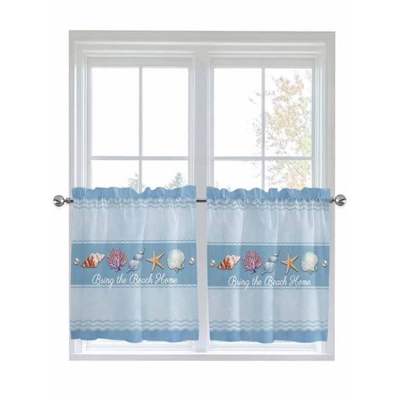 Coastal Blue Striped 2 Panel Kitchen Curtains for Small Windows, Ocean Sea Summer Starfish Coral Shells Bathroom Tier Curtain, Short Window Treatment for Bedroom/Living Room 55"x24"