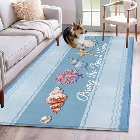 Coastal Blue Striped Area Rugs 2.7'x5', Washable Small Throw Rugs for Kitchen Bedroom, Ocean Sea Summer Starfish Coral Shells Indoor Outdoor Rug Non-Slip Low Pile Carpet Runner Reversible Floor Mats