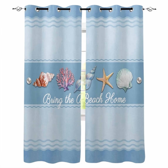 Coastal Blue Striped Blackout Curtains for Bedroom, Ocean Sea Summer Starfish Coral Shells Thermal Insulated Kitchen Drapes with Grommets, Light Blocking Window Treatment, 2 Panels 42" x 63"