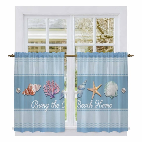 Coastal Blue Striped Kitchen Curtain for Berdoom Living Room Cafe 45 Inch Length, Ocean Sea Summer Starfish Coral Shells Tiers Curtains Light Filtering Drapes Window Treatment 2 Panels 52"Wx45"L