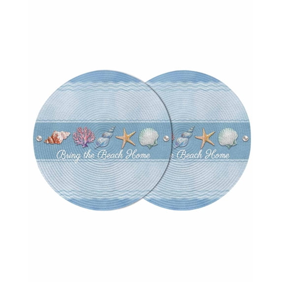 Coastal Blue Striped Round 13 Inch Placemats Set of 2, Ocean Sea Summer Starfish Coral Shells HeatResistant Non Slip Place Mats for Dining Table, Wipeable Braided Kitchen Table Mats for Housewarming