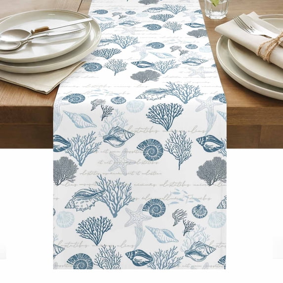 Coastal Blue Table Runner - 108 Inch Long, Kitchen Dining Table Runner Dresser Scarves, Retro Ocean Coral Shell Starfish Seahorse Farmhouse Decor for Coffee Tables Wedding Party Banquet