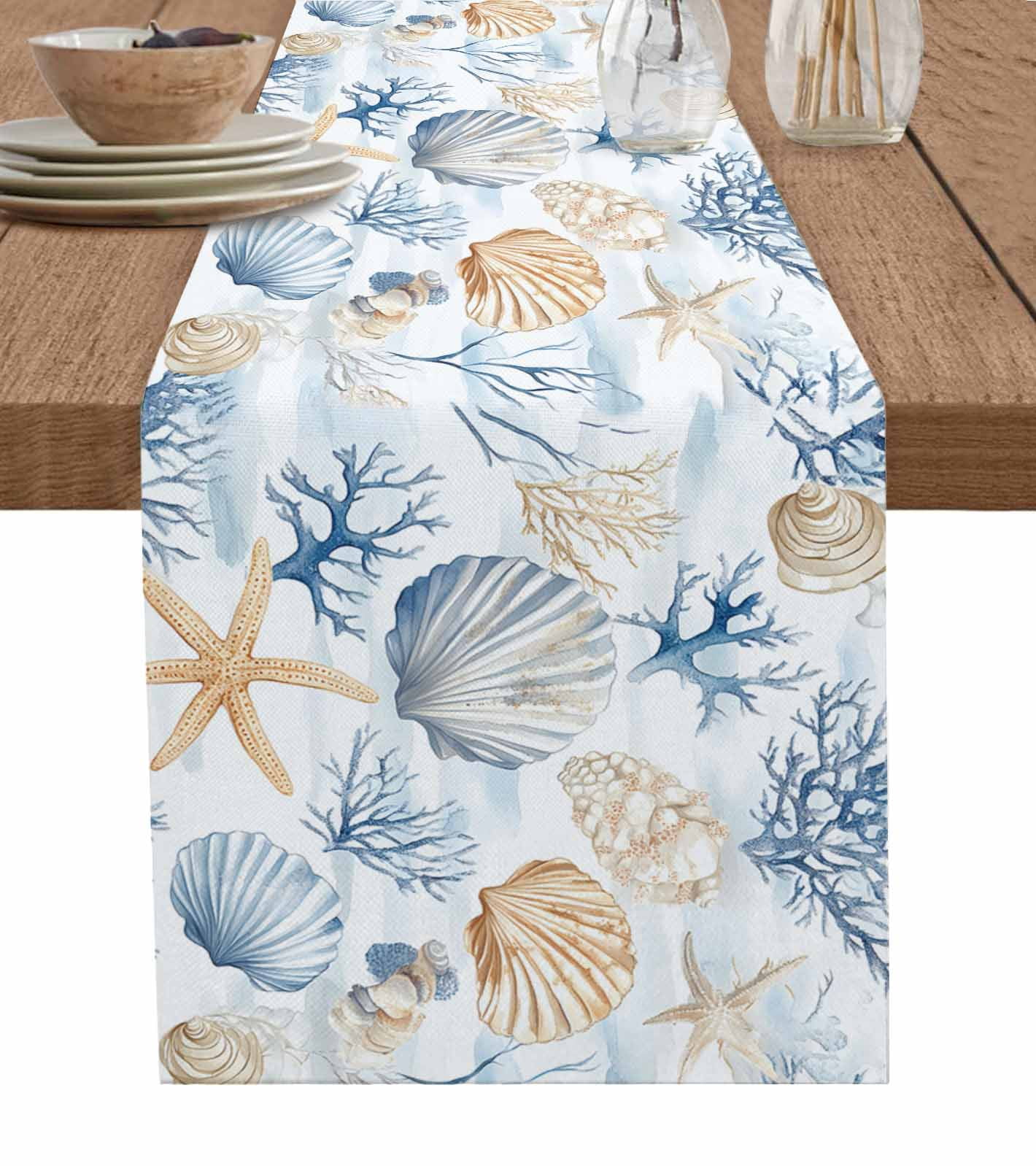 Runner Seashell Coastal Blue Table Runner 36 Inches, Coral Starfish Seashells Beach ...
