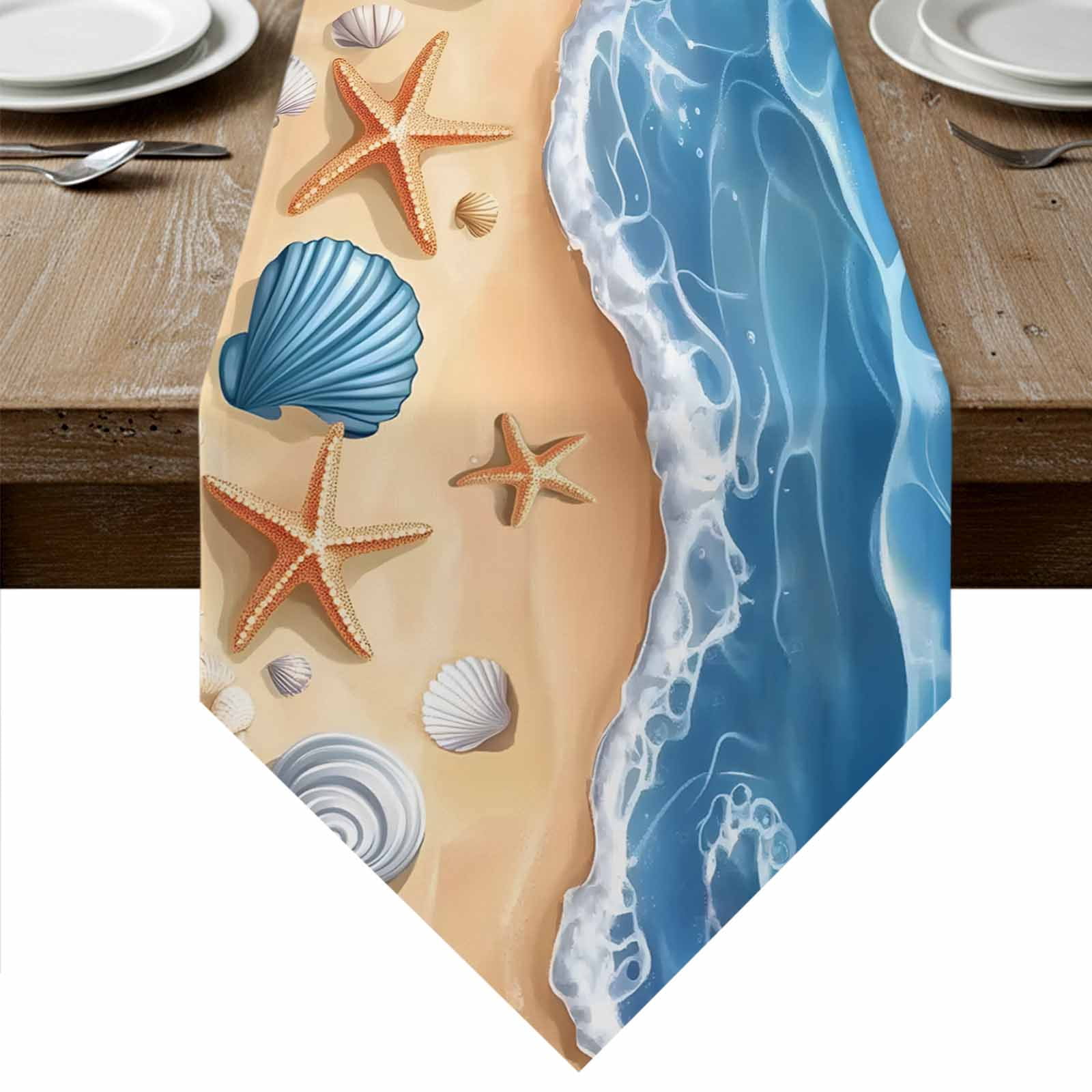 Shell Table Runner Coastal Blue Table Runner Linen Burlap Table Runner 72 Inches Long ...