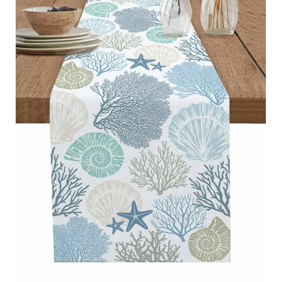 Coastal Blue Table Runner Ocean Coral Starfish Shell Modern Sea Tablerunners 13 x 36 Inch, Table Decorations Tabletop Scarf for Summer Gathering Holiday Farmhouse Kitchen Dining Decor