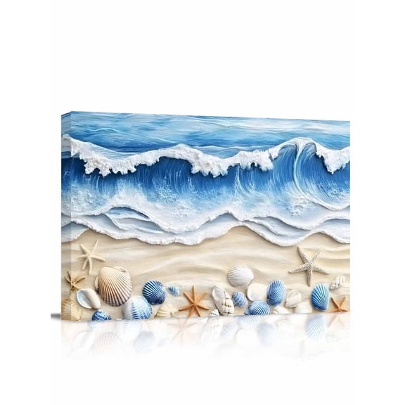 Coastal Blue Wall Art for Living Room,Canvas Picture Wall Decor for Bathroom Bedroom,Starfish Beach Ocean Shell Sand Painting Painting Artwork for Office Kitchen Hallway Dining Room Decor 12"x16"
