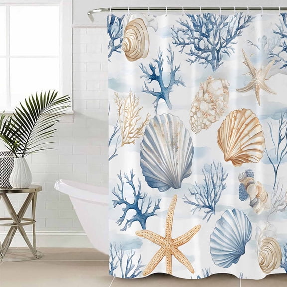 Coastal Blue Waterproof Fabric Shower Curtain, Coral Starfish Seashells Beach Summer Shower Curtain for Bathroom Curtains Bathtubs Hotel Washable Shower Curtains with 12 Hooks Standard 66x72