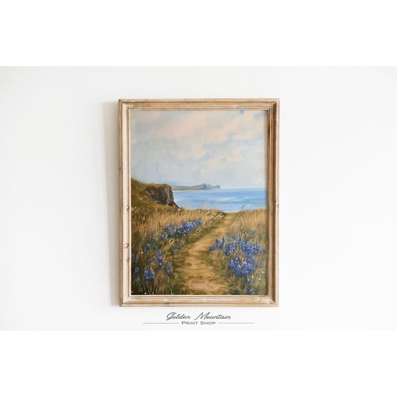 Coastal Blue Wildflower Field, Farmhouse Summer Beach Print, Vintage Floral Landscape, Spring Wall Art Flower Art Sea Poster Decor, Size 8x12 UNFFRAMED F03.1.8l1062